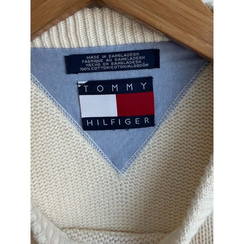 Tommy Hilfiger Sweater Cream Cotton Preppy Minimalist Crest Logo Mens L - Picture 5 of 8